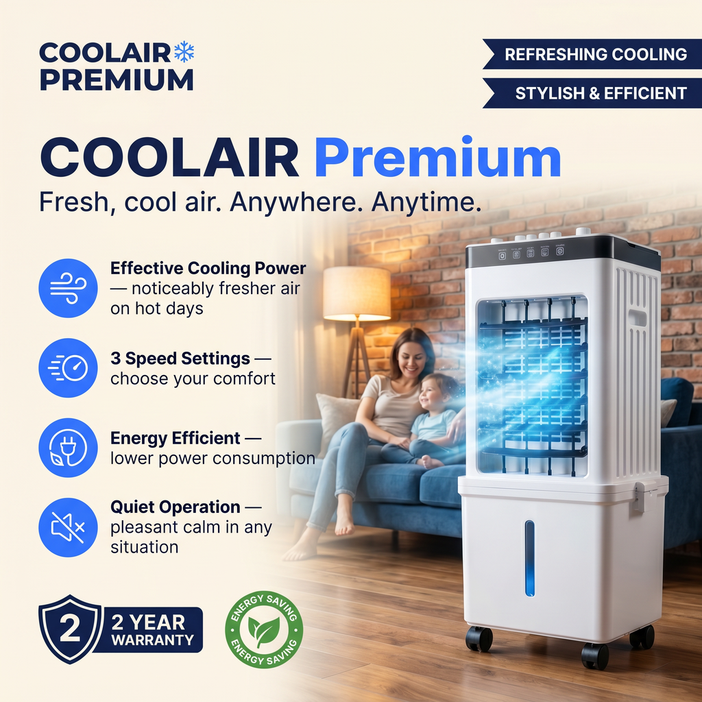 CoolAir Premium 3-in-1 Portable Air Cooler — Cooling, Humidifying & Purifying