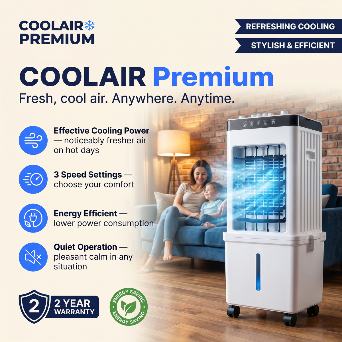 CoolAir Premium 3-in-1 Portable Air Cooler — Cooling, Humidifying & Purifying