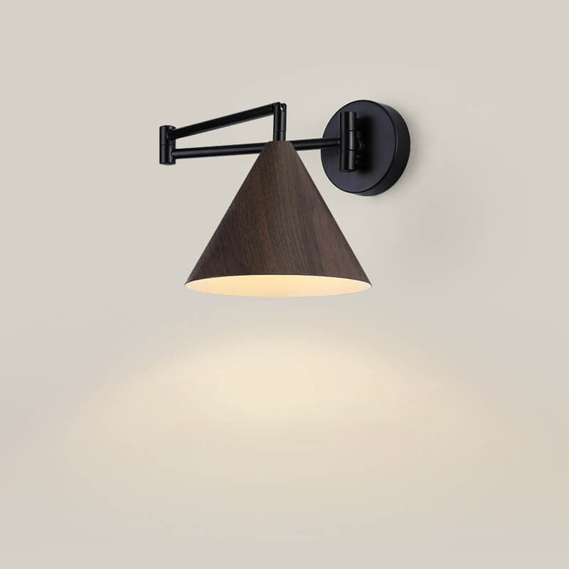 Walnut Wood Wall Lamp With Swivel Arm And Conical Iron Shade E26 Base