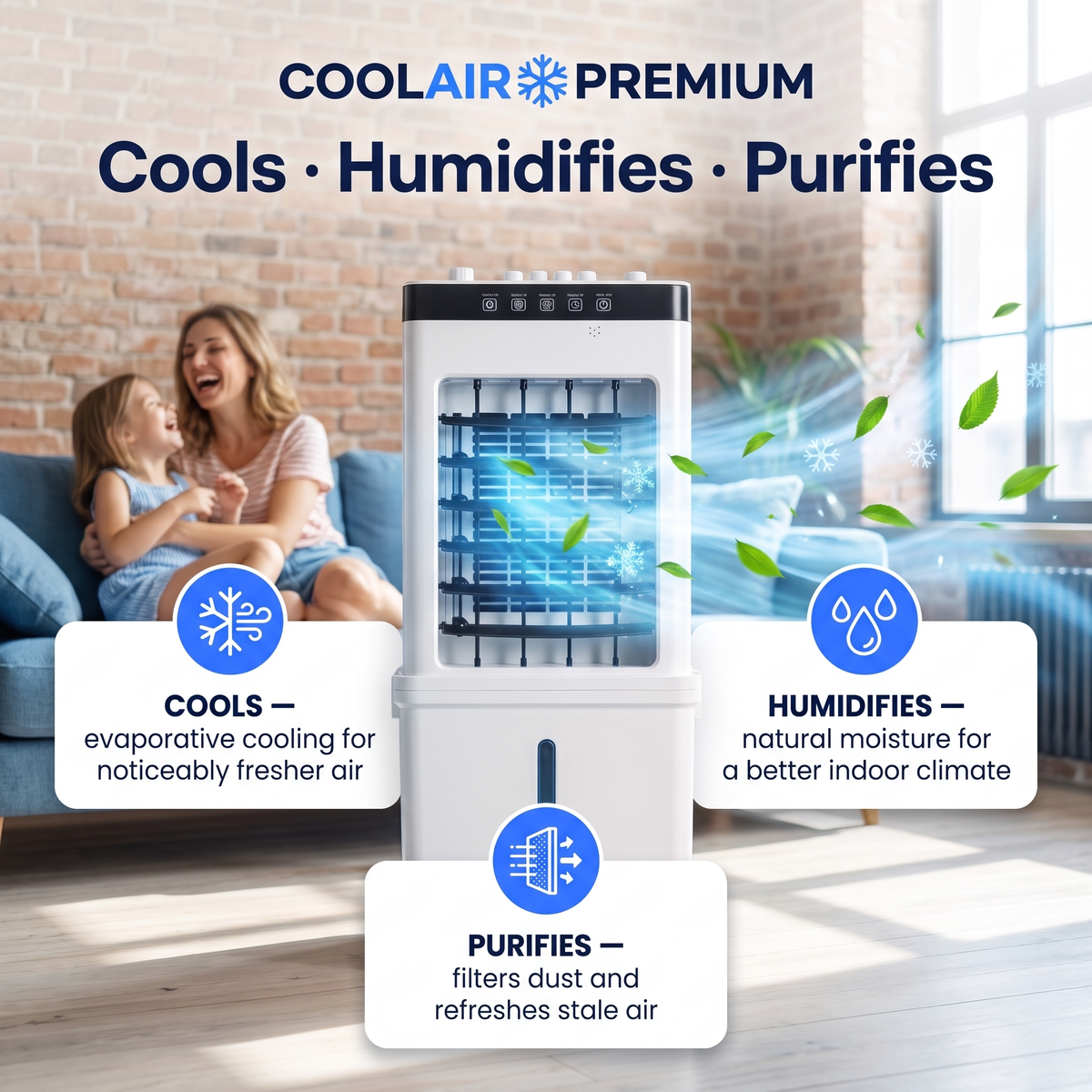 CoolAir Premium 3-in-1 Portable Air Cooler — Cooling, Humidifying & Purifying