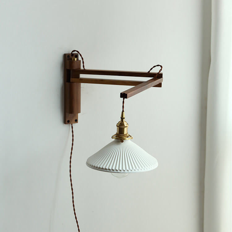 Wall Lamp With Wood Arm And Glass Shade, E26 Brass Japandi Light, Adjustable Swivel