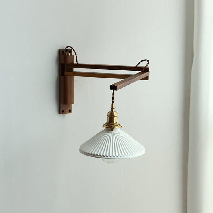 Wall Lamp With Wood Arm And Glass Shade, E26 Brass Japandi Light, Adjustable Swivel