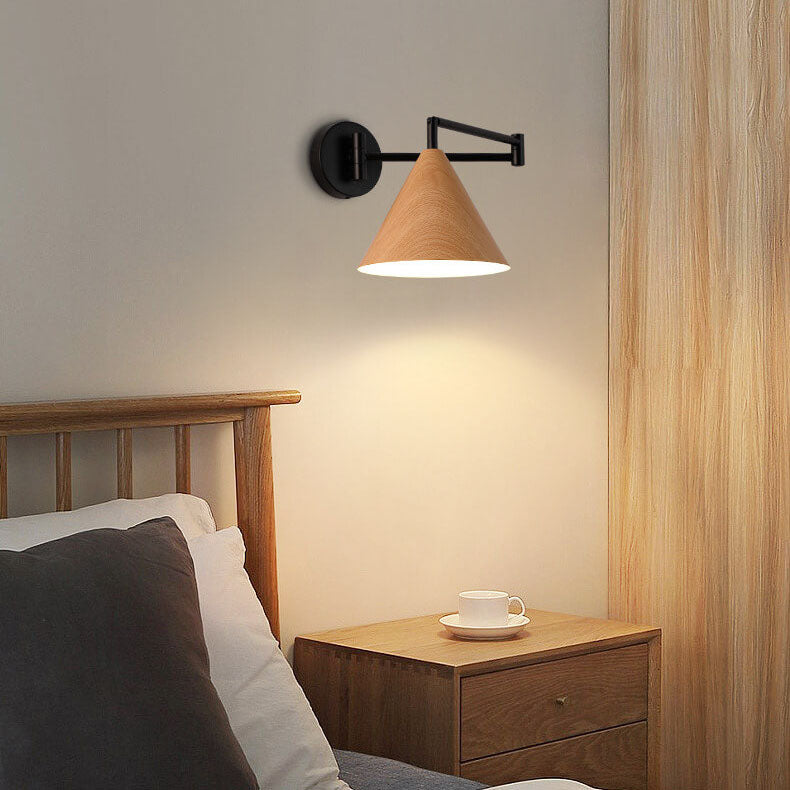 Walnut Wood Wall Lamp With Swivel Arm And Conical Iron Shade E26 Base
