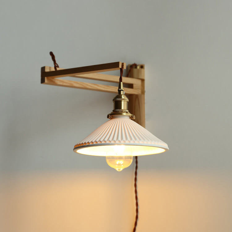 Wall Lamp With Wood Arm And Glass Shade, E26 Brass Japandi Light, Adjustable Swivel