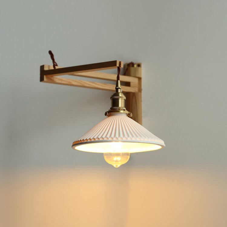 Wall Lamp With Wood Arm And Glass Shade, E26 Brass Japandi Light, Adjustable Swivel