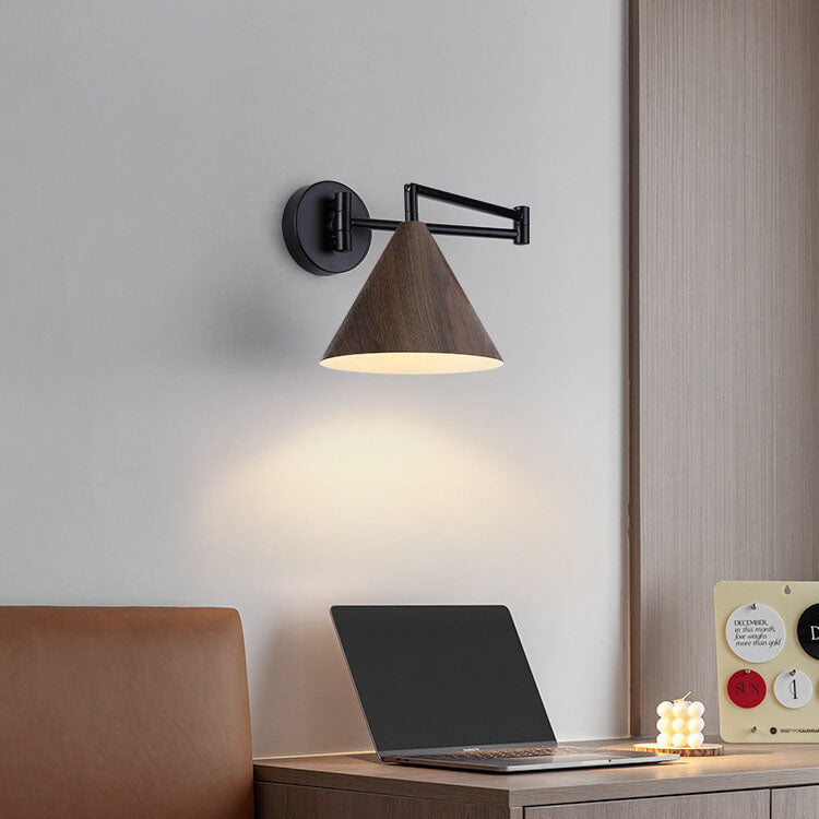 Walnut Wood Wall Lamp With Swivel Arm And Conical Iron Shade E26 Base
