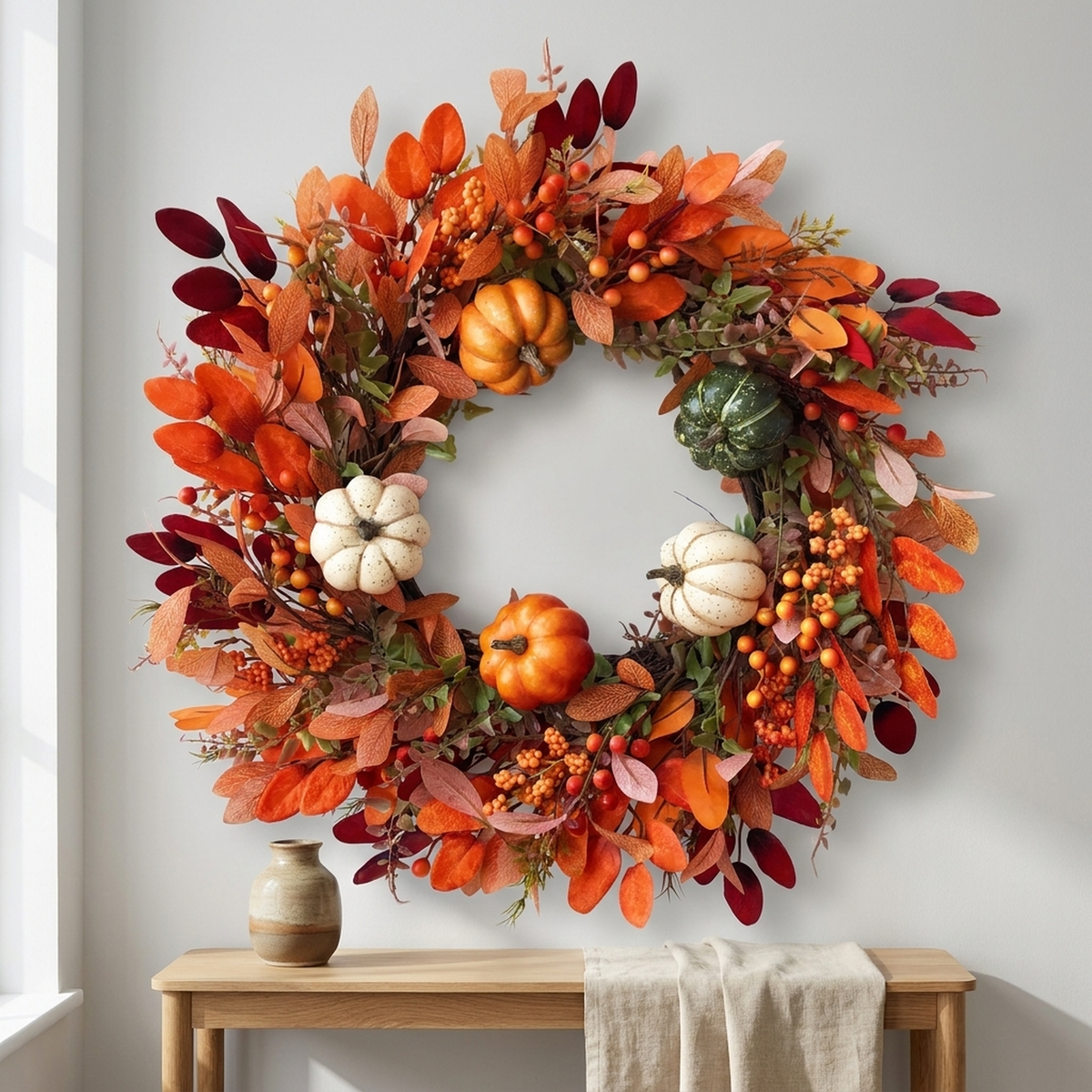 HARVESTGRACE herfstkrans met pompoenen — handgemaakte seizoensgebonden deurdecoratie voor herfstpresentaties