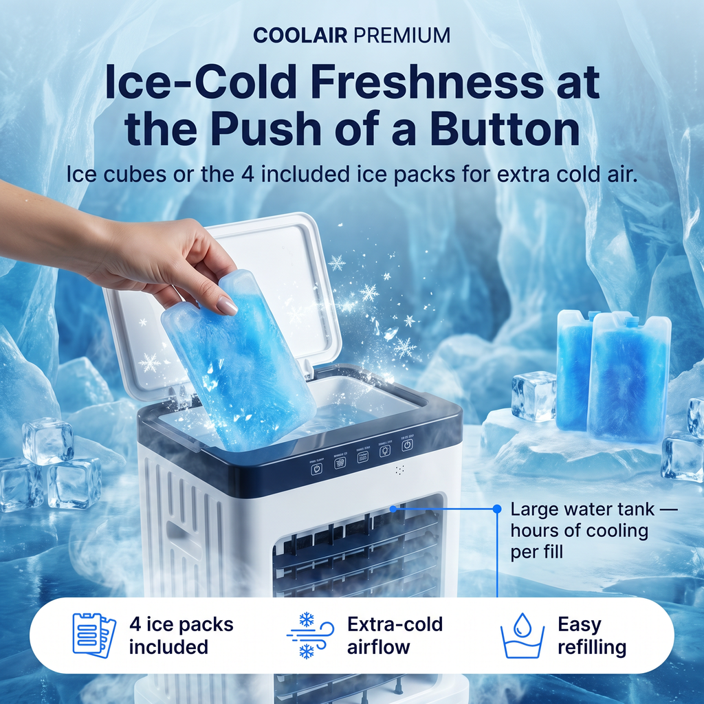 CoolAir Premium 3-in-1 Portable Air Cooler — Cooling, Humidifying & Purifying