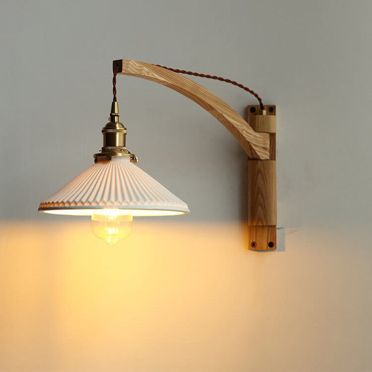 Wall Lamp With Wood Arm And Glass Shade, E26 Brass Japandi Light, Adjustable Swivel