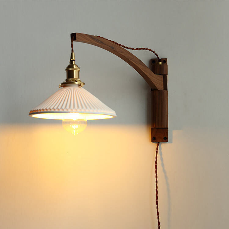 Wall Lamp With Wood Arm And Glass Shade, E26 Brass Japandi Light, Adjustable Swivel