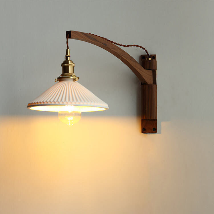 Wall Lamp With Wood Arm And Glass Shade, E26 Brass Japandi Light, Adjustable Swivel