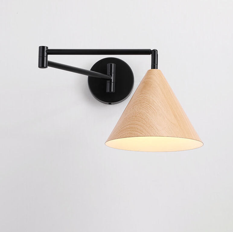 Walnut Wood Wall Lamp With Swivel Arm And Conical Iron Shade E26 Base
