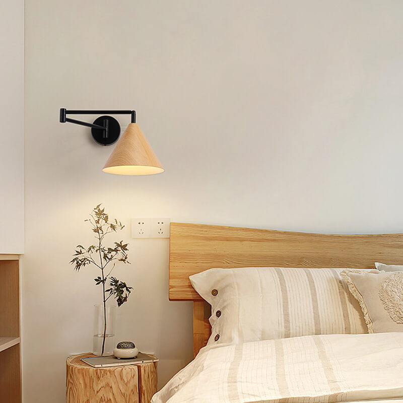 Walnut Wood Wall Lamp With Swivel Arm And Conical Iron Shade E26 Base