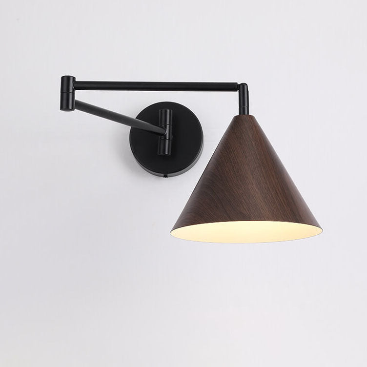 Walnut Wood Wall Lamp With Swivel Arm And Conical Iron Shade E26 Base