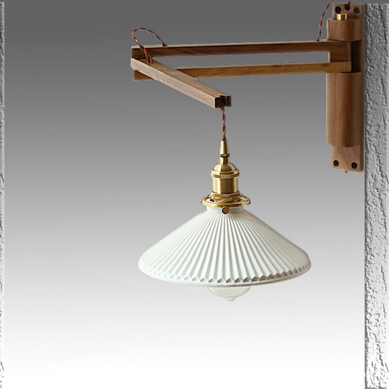 Wall Lamp With Wood Arm And Glass Shade, E26 Brass Japandi Light, Adjustable Swivel