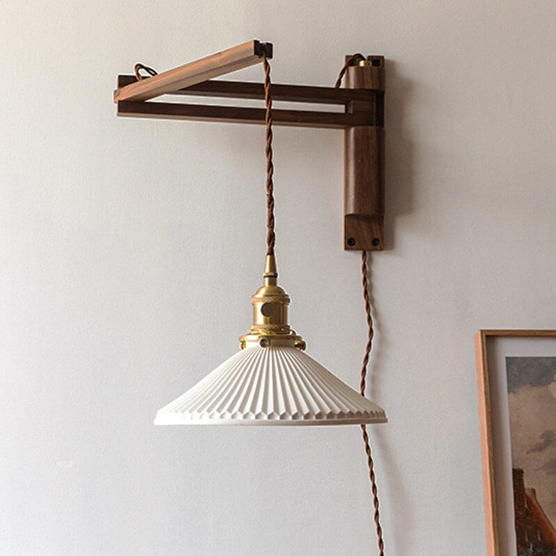 Wall Lamp With Wood Arm And Glass Shade, E26 Brass Japandi Light, Adjustable Swivel