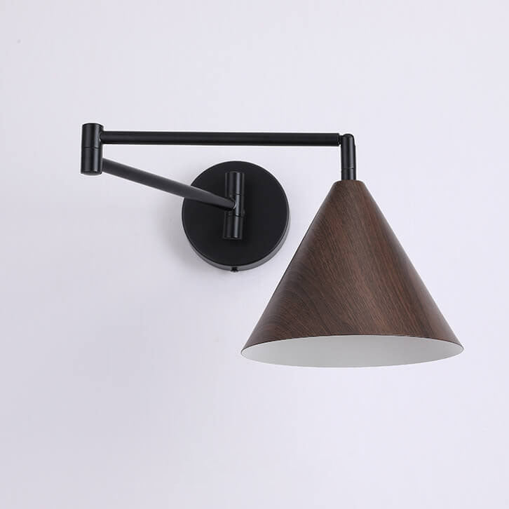 Walnut Wood Wall Lamp With Swivel Arm And Conical Iron Shade E26 Base