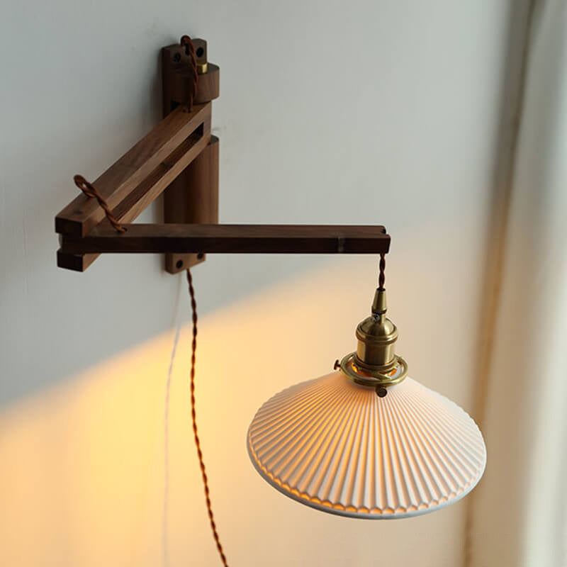 Wall Lamp With Wood Arm And Glass Shade, E26 Brass Japandi Light, Adjustable Swivel