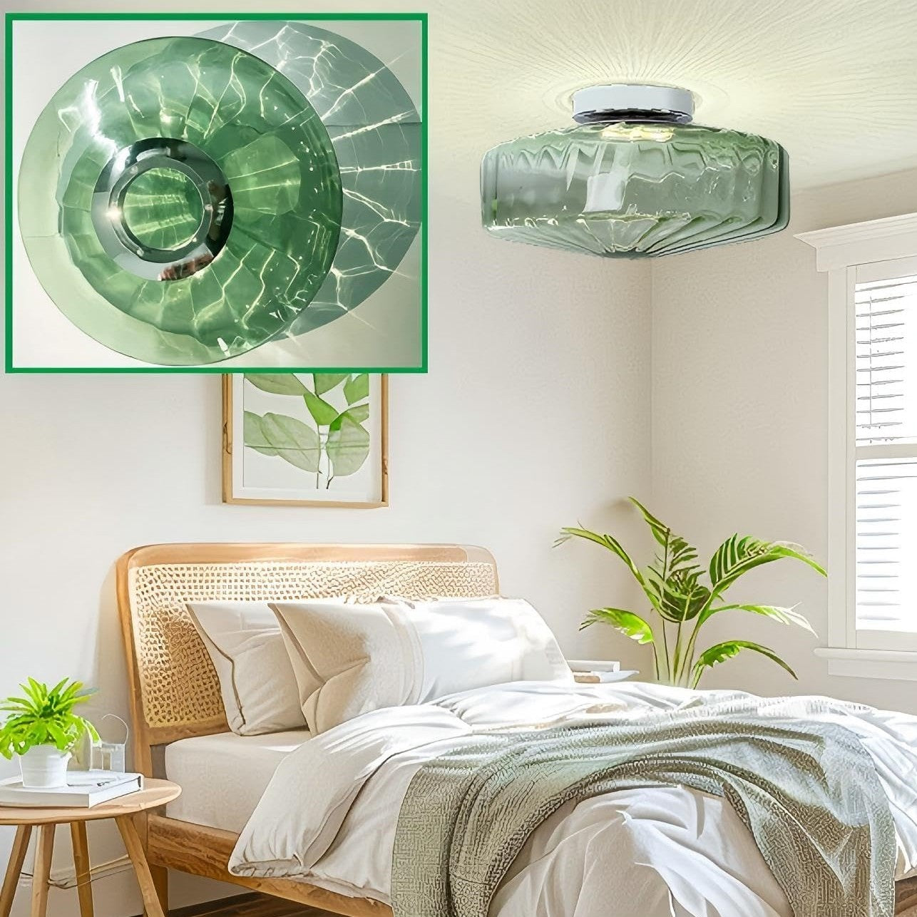 Vintage Ribbed Green Glass Ceiling Light For Dining Room Entrance And Hallway