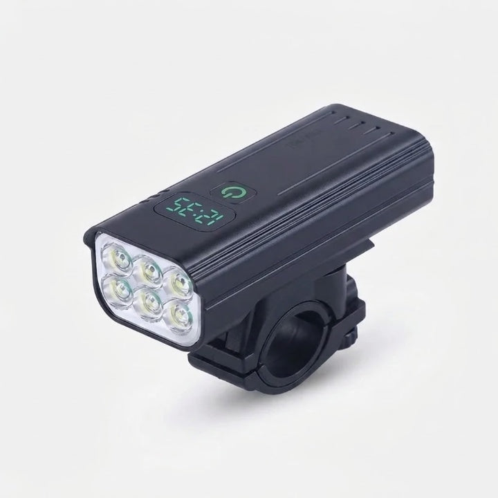 Luz LED para bicicleta — 5000 lúmenes, 12 LEDs, bateria USB-C de 10,000 mAh e visor digital da hora