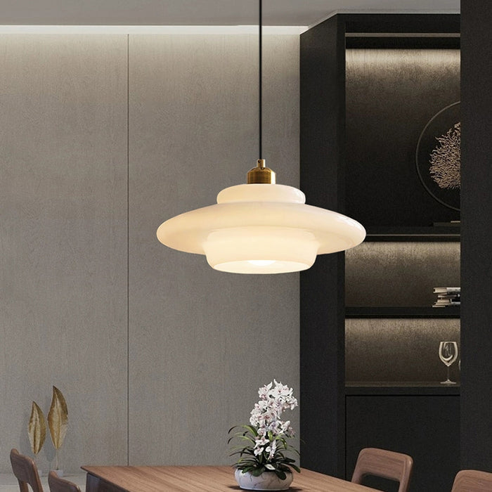 Astria Pendant Light In Ivory Glass Shade For Classic 1950s Interior Decor Style