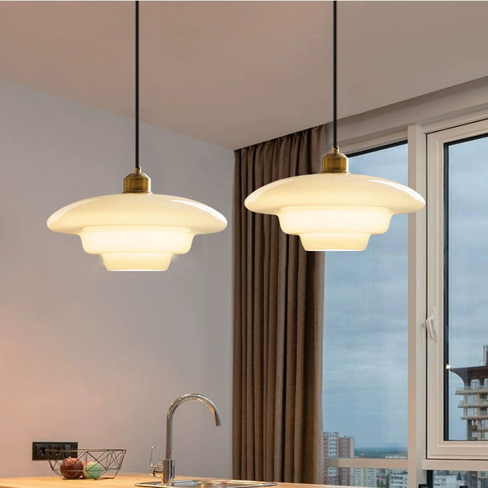 Astria Pendant Light In Ivory Glass Shade For Classic 1950s Interior Decor Style