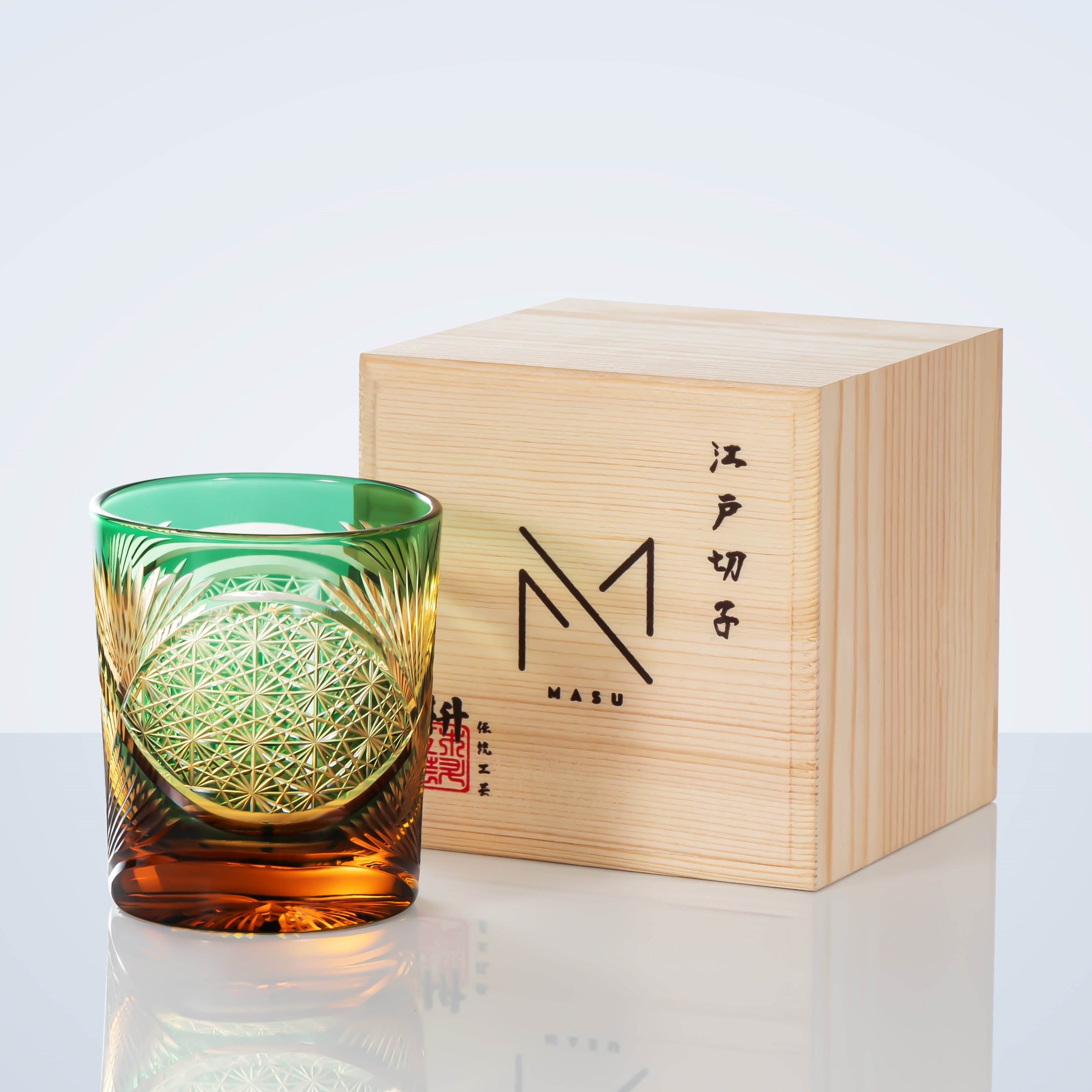 Whiskey Glass With Edo Kiriko Crane Feather Pattern In Amber Handmade Japanese Crystal