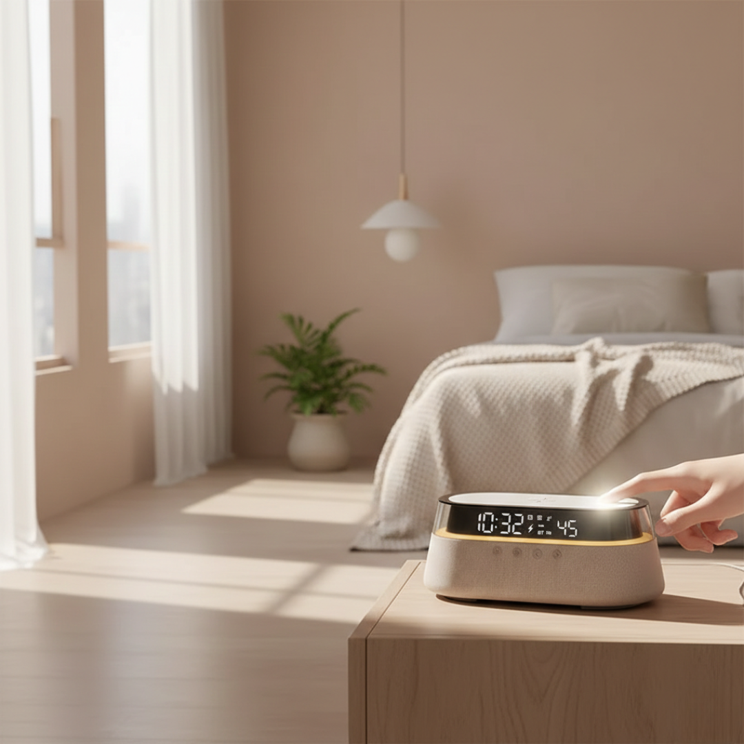 Six-In-One Alarm Clock With Wireless Charging, Bluetooth Speaker, FM Radio, Dual Alarms, USB Charger, And RGB Night Light