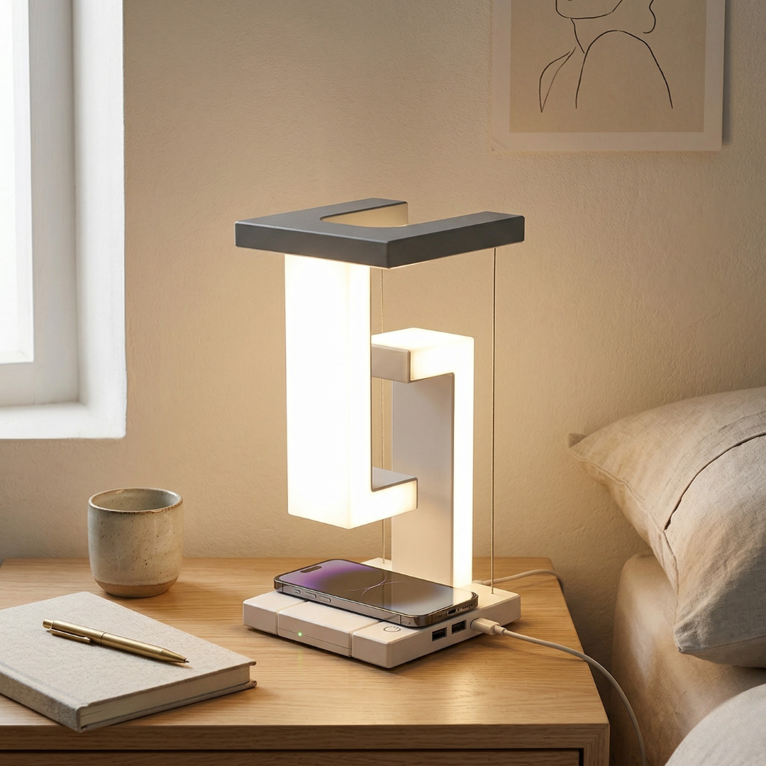 Levitating Desk Light Featuring Wireless Charging Pad For Modern Home Office Use Dimmable Brightness