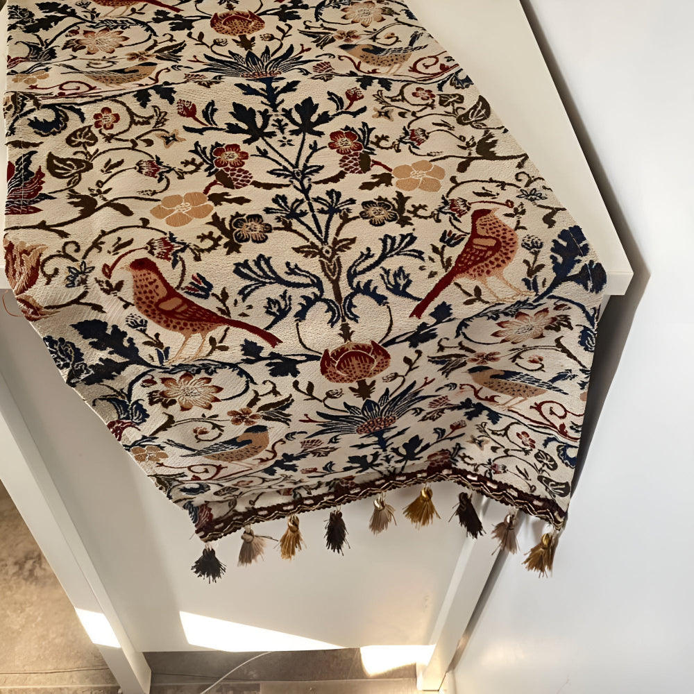 Vintage Jacquard Runner With Bird And Flower Motif, Rustic Tassel Edges