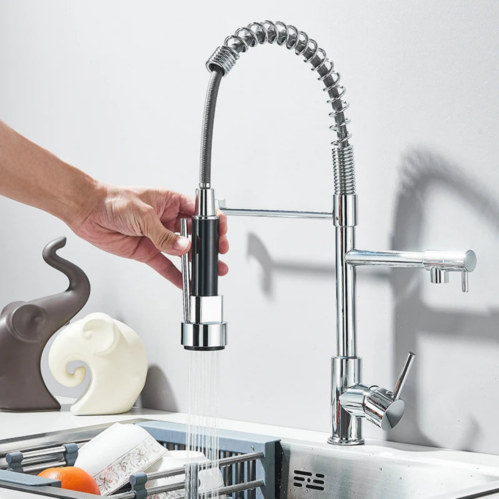 صنبور مطبخ AQUASWIVEL بسحب للأسفل — فوهة مزدوجة دوّارة
