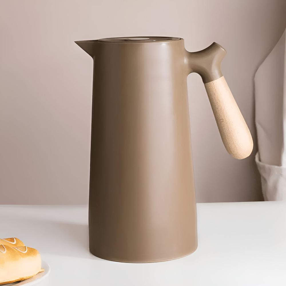 Thermos 1L Stainless Steel Carafe With Beige Wooden Handle Insulated Leakproof