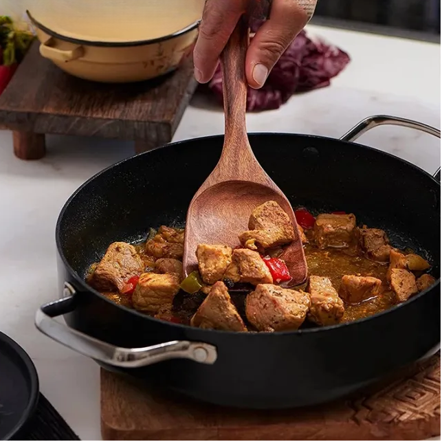 Set de 9 ustensiles de cuisine en teck massif — Outils anti-rayures avec support et plateau