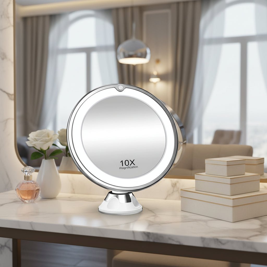 Espelho de maquilhagem LED Gleam Precision — ampliação de 10x, iluminação ajustável, design compacto