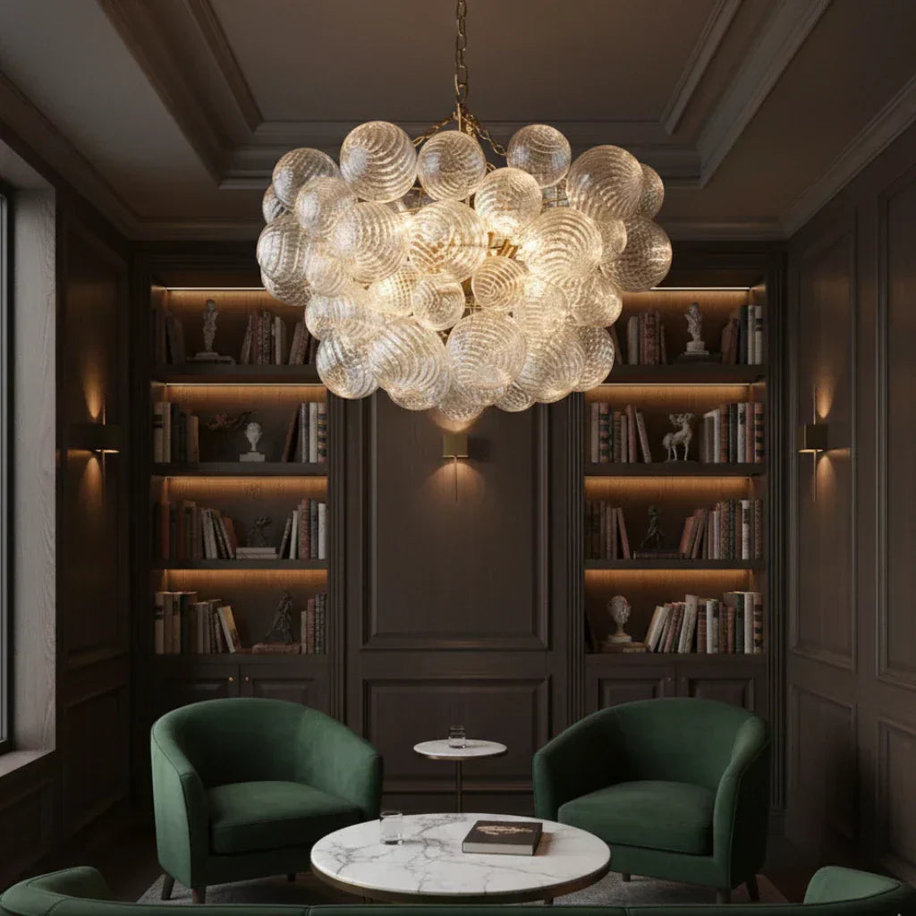 Clear Glass Bubble Chandelier With Ribbed Glass Detailing For Elegant Modern Interior Lighting