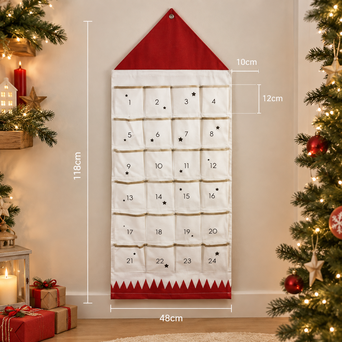 Adventskalender van stof om zelf te vullen — 24 afzonderlijke vakjes voor het aftellen in december