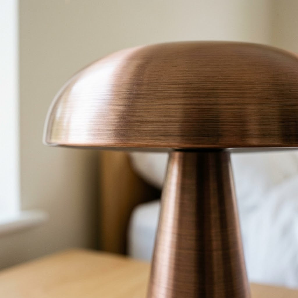 Kovová stolní lampa ve tvaru houby s dřevěnými prvky, bezdrátové provedení — teplá bílá 3000 K, výdrž baterie až 11 h