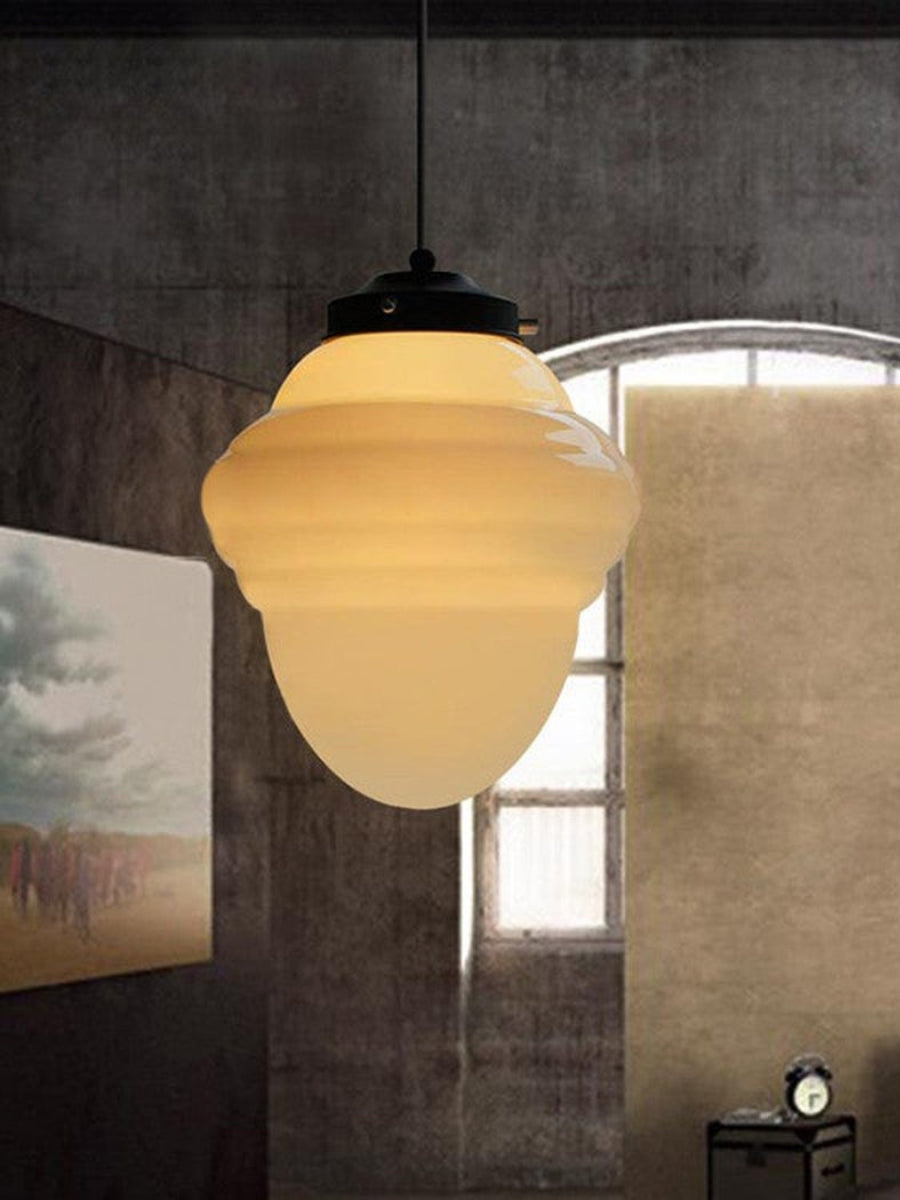 Vintage Art Deco Milk Glass Pendant Light With Striped Shade For Dining And Living Rooms