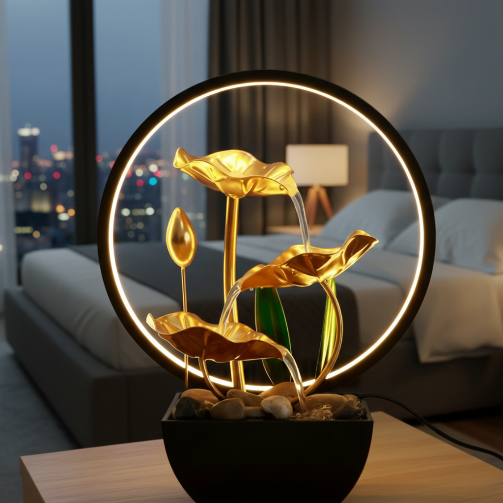 LED Tischbrunnen USB-betrieben mit sanftem Wasserfluss und warmem Licht zur Entspannung