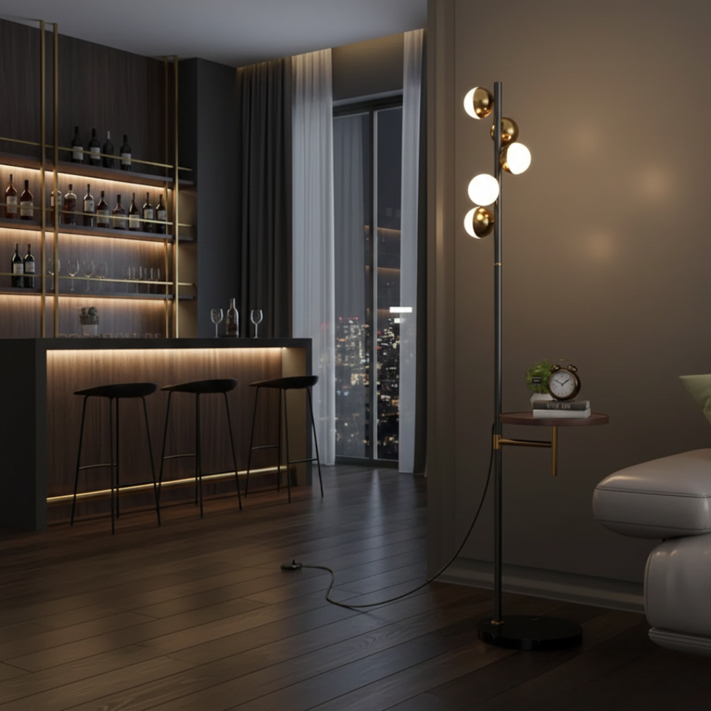 Elegant Floor Lamp With A Built In Table For Living Rooms In Nordic Modern Style