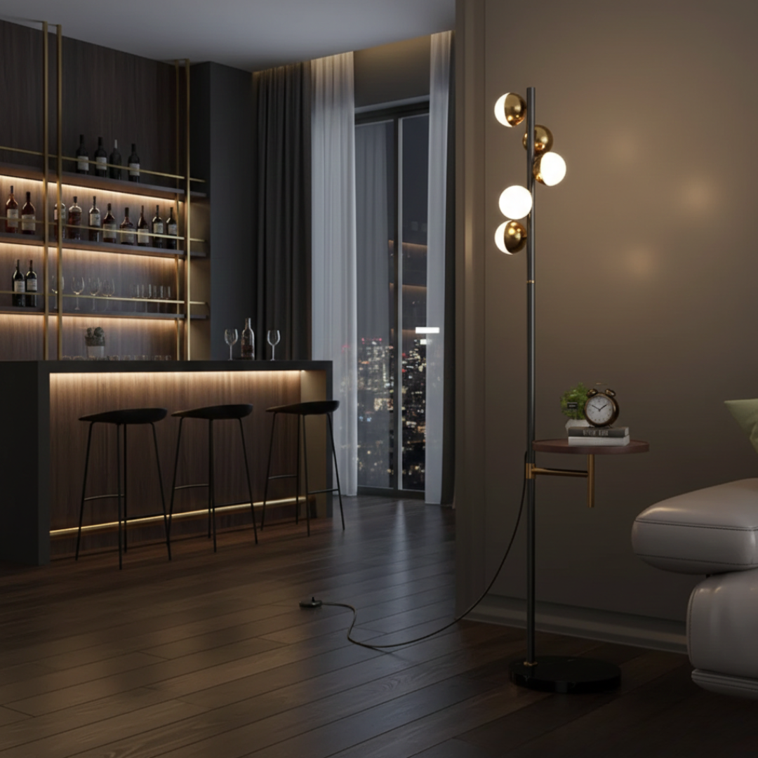 Elegant Floor Lamp With A Built In Table For Living Rooms In Nordic Modern Style