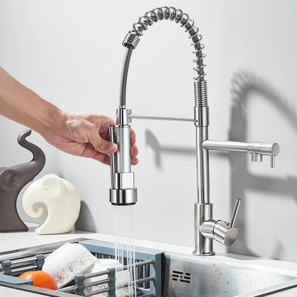 صنبور مطبخ AQUASWIVEL بسحب للأسفل — فوهة مزدوجة دوّارة