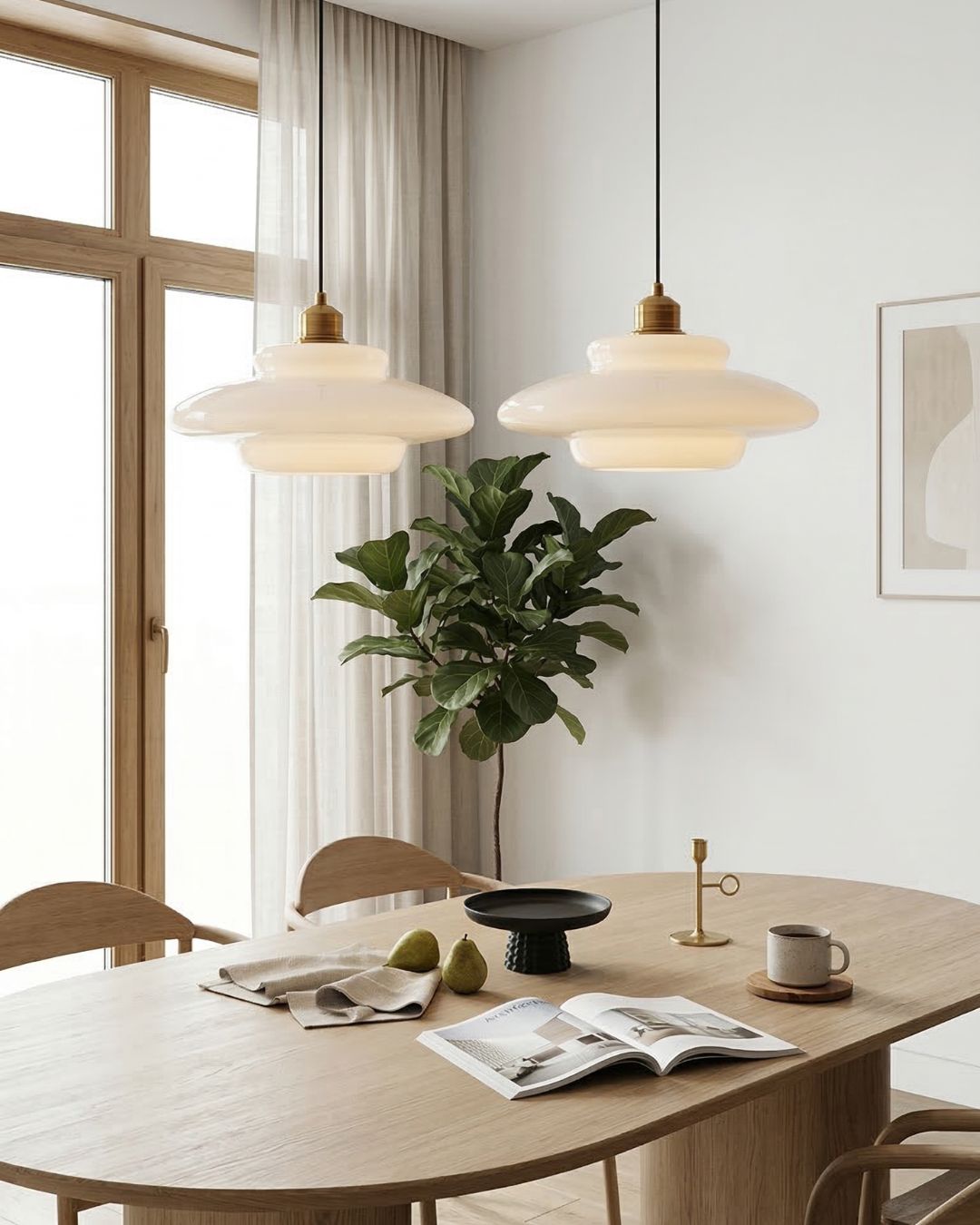 TINA Pendant Light, Mid-Century Milk-White Glass With Brushed Brass, Adjustable E27