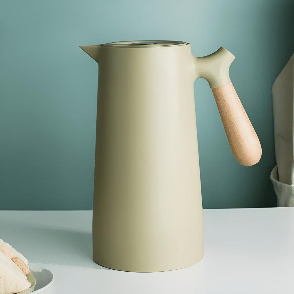 Thermos 1L Stainless Steel Carafe With Beige Wooden Handle Insulated Leakproof
