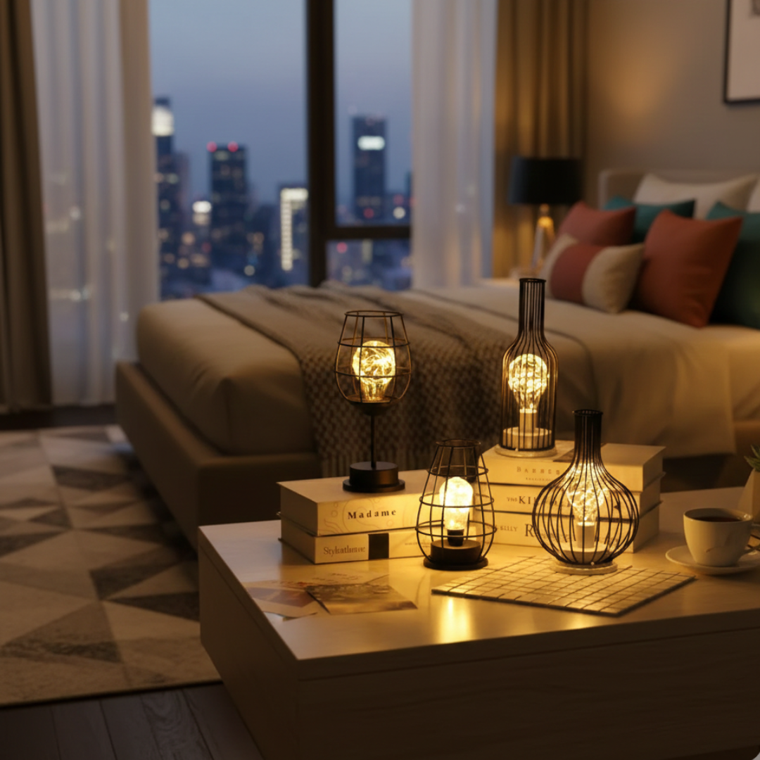 Industrielle Käfig-LED-Tischlampe für gemütliche Innenbeleuchtung in Wohnzimmern und Schlafzimmern
