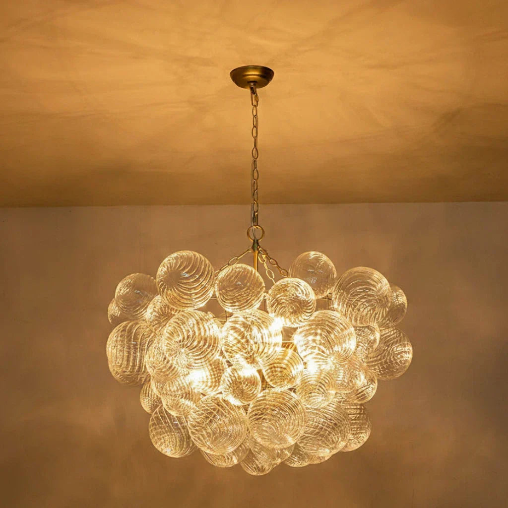 Clear Glass Bubble Chandelier With Ribbed Glass Detailing For Elegant Modern Interior Lighting