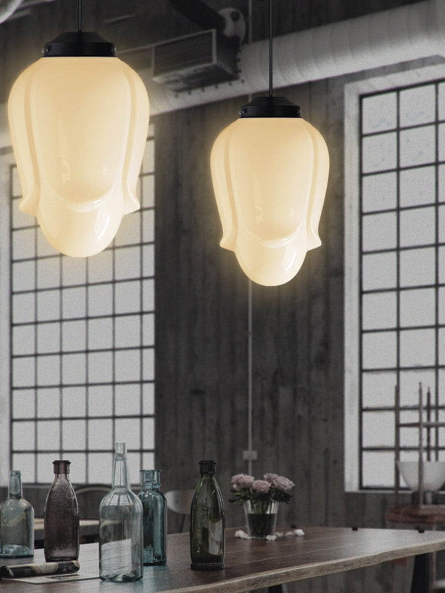 Vintage Art Deco Milk Glass Pendant Light With Striped Shade For Dining And Living Rooms