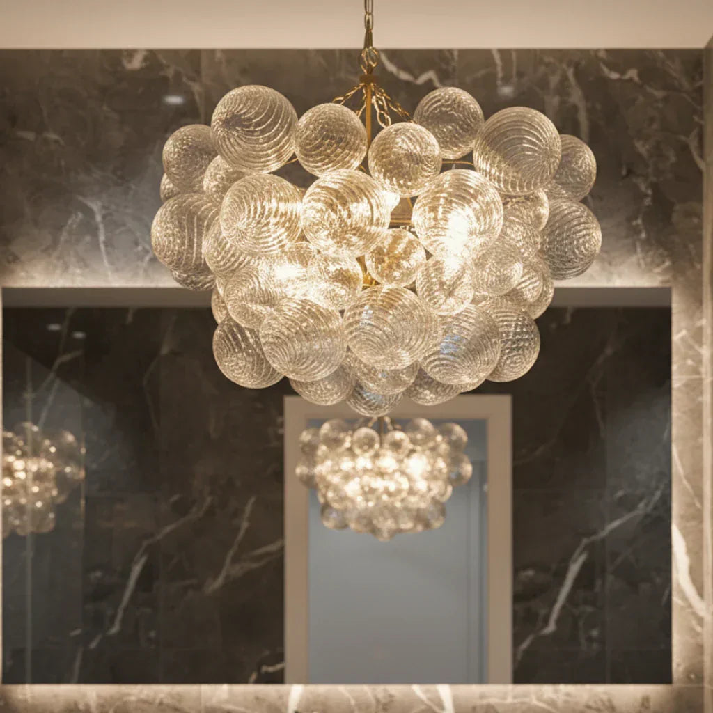 Clear Glass Bubble Chandelier With Ribbed Glass Detailing For Elegant Modern Interior Lighting