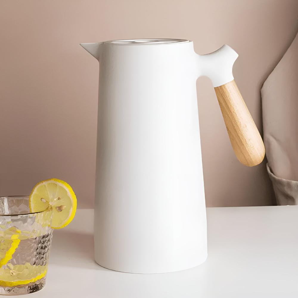 Thermos 1L Stainless Steel Carafe With Beige Wooden Handle Insulated Leakproof