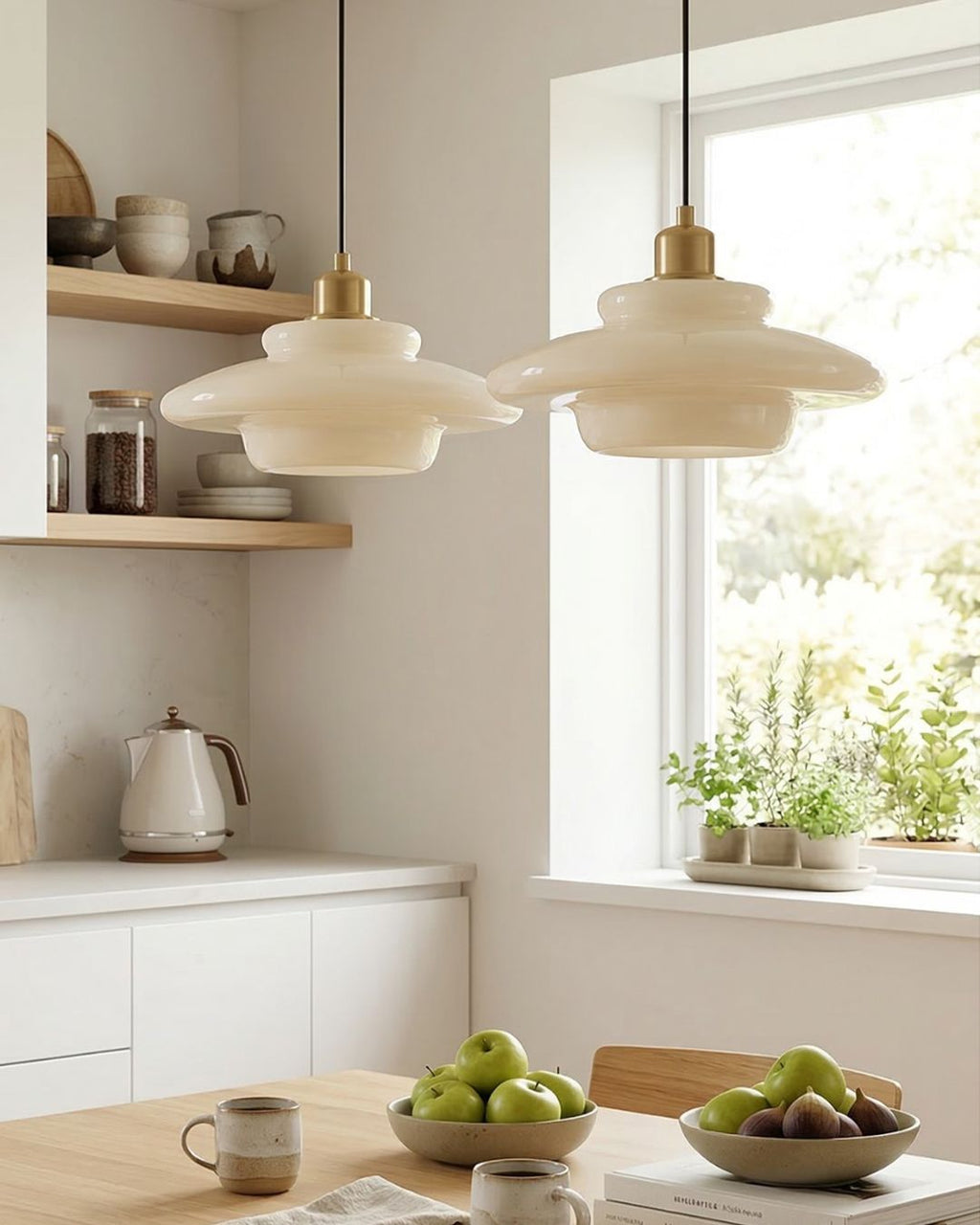 TINA Pendant Light, Mid-Century Milk-White Glass With Brushed Brass, Adjustable E27